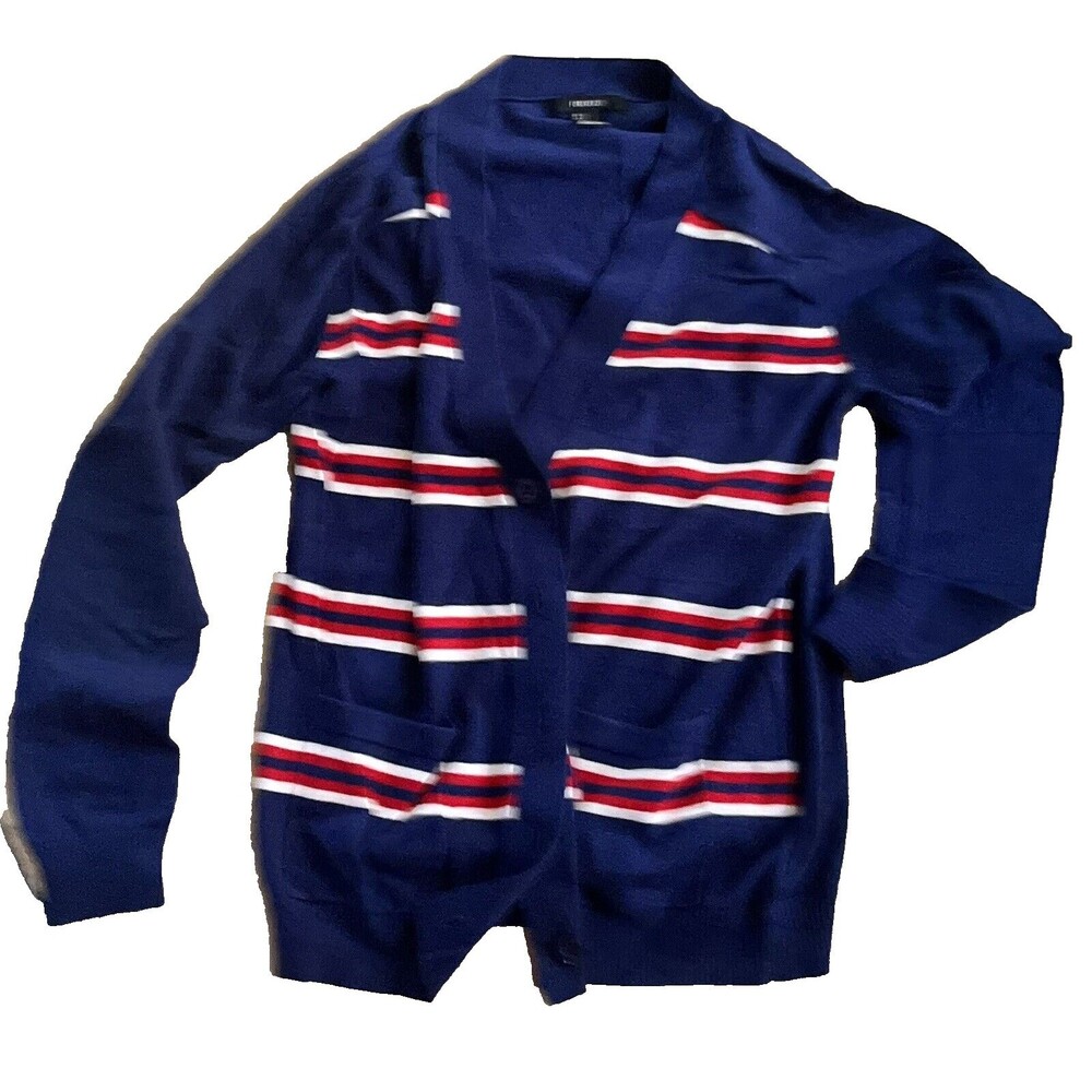 Forever 21 Sweater Cardigan Long Sleeve Blue Red White Stripe Small Retro Preppy